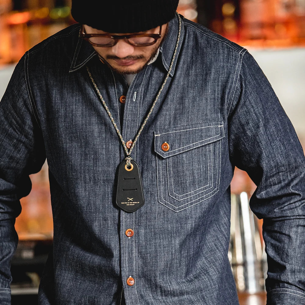 Maden Men Vintage Long Sleeve Western Cowboy Denim Shirt Outerwear Tough Guy Shirt Men's Cotton Casual Shirt XXL XXXL