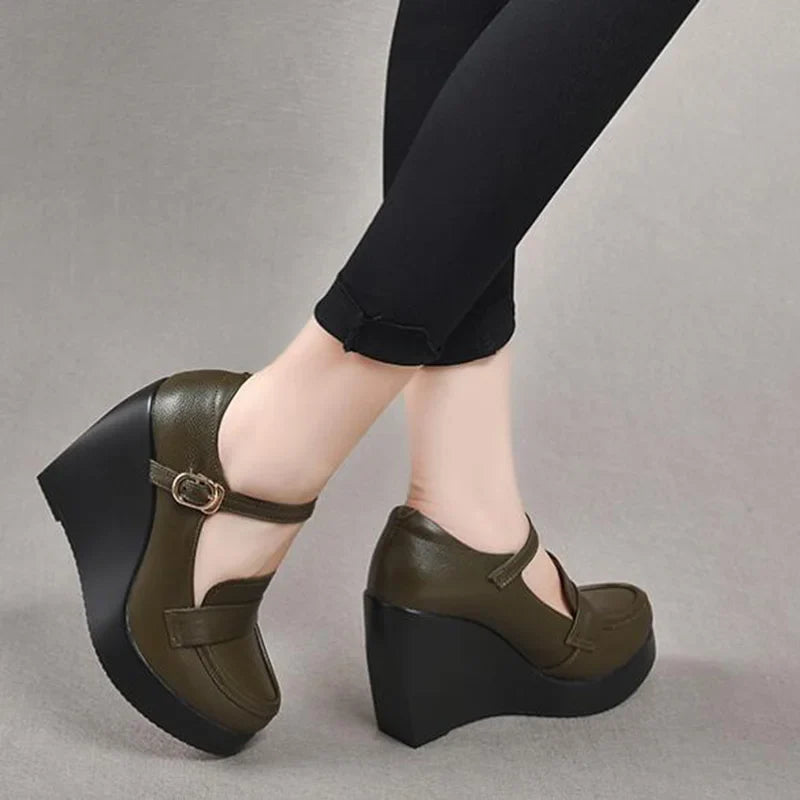 GKTINOO 2025 Compensées Chaussures Femme Printemps Automne À Enfiler Talons Hauts Bout Rond Cuir Véritable Décontracté Plateforme Dames Chaussures Femme