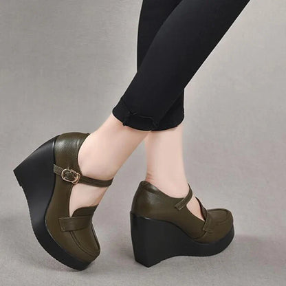GKTINOO 2025 Compensées Chaussures Femme Printemps Automne À Enfiler Talons Hauts Bout Rond Cuir Véritable Décontracté Plateforme Dames Chaussures Femme