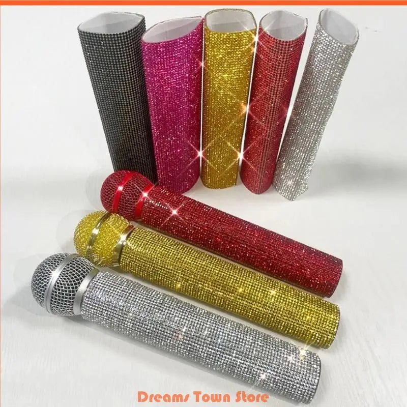 Decorative protective cover for microphone, adorned with rhinestones and sequins, compatible with 90% of portable wireless microphones used in KTVs and bars.