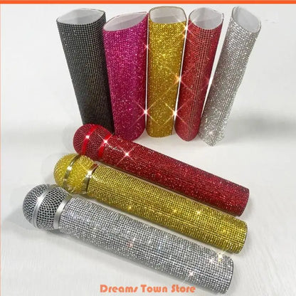 Decorative protective cover for microphone, adorned with rhinestones and sequins, compatible with 90% of portable wireless microphones used in KTVs and bars.