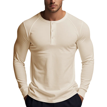 T-shirts boutonnés à manches longues pour hommes, col Henley, décontractés, de haute qualité, pour l'automne