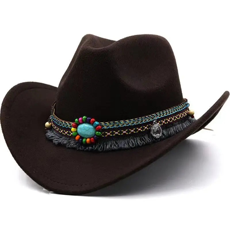 Western Cowboy Wool Hat with Pompom, Montana Sombrero Belt for Men and Women, Cowgirl, Solid Color, Jazz, Stylish Hollow Design for Lady