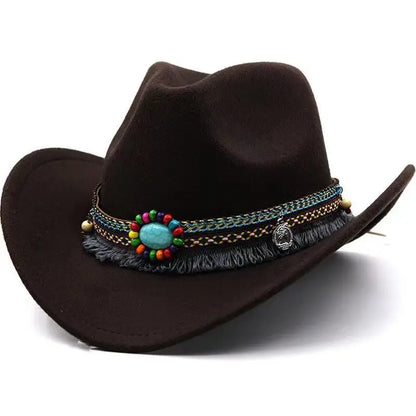 Western Cowboy Wool Hat with Pompom, Montana Sombrero Belt for Men and Women, Cowgirl, Solid Color, Jazz, Stylish Hollow Design for Lady