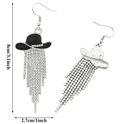 Boucles d'oreilles pendantes de cowgirl de l'Ouest, Chapeau en émail, Pendentif à pompon strass scintillant, Bijoux pour femmes pour bal, concerts country, rodéo, cow-boy