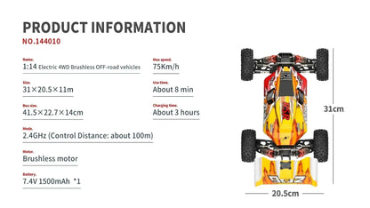 WLtoys 124016 124017 V8 75 km/h Voiture télécommandée électrique 4x4 sans balais haute vitesse tout-terrain Drift pour adultes