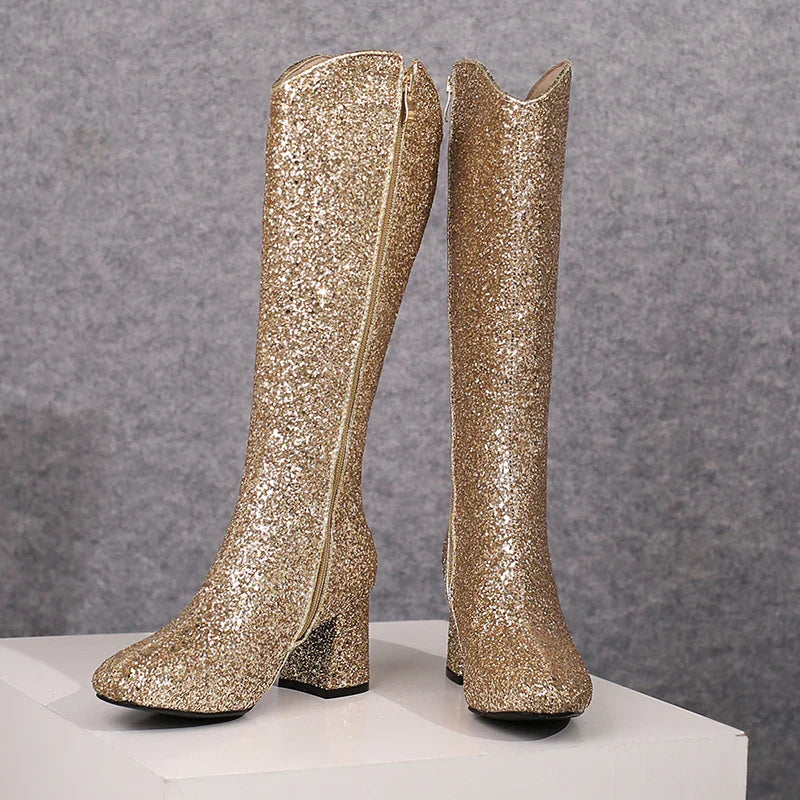 Bottes Hautes Scintillantes pour Femme, Ajustement Confortable, Talons 6,5 cm, Hiver 2024