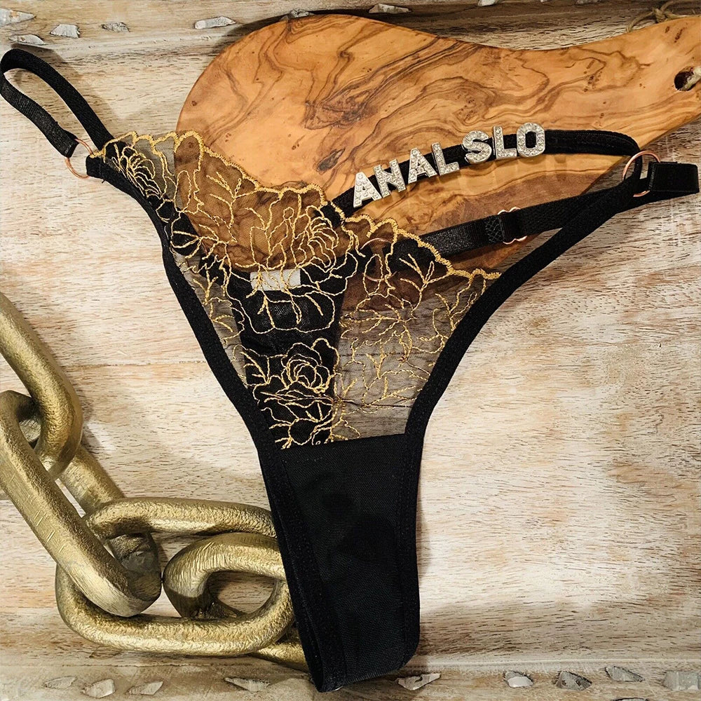String personnalisé pour femmes, culotte en dentelle découpée, string personnalisé, lettres en strass, sous-vêtements, cadeau de saint valentin, nouvelle collection