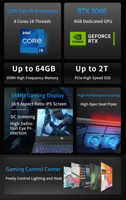 Genmachine Laptop Computer Intel i9 11900H 15.6” 144Hz NVIDIA GeForce RTX 3060 DDR4 M.2 2280 NVME SSD Business Gaming Laptops