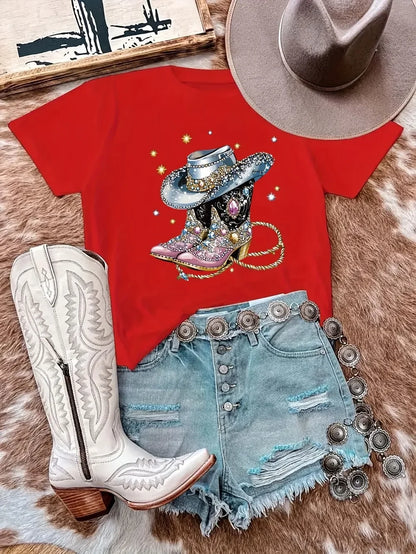 T-shirt imprimé à manches courtes de la série Western Cowboy, tendance et décontracté, polyvalent, longueur standard pour toutes les saisons