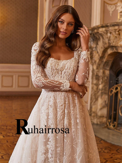 Ruhair Exquisite Ball Gown Wedding Dresses Appliques Lace Square Collar Full Sleeves Draped Robe De Mariée Engagement Plus