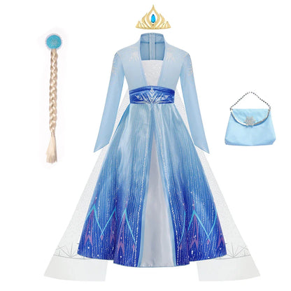 Déguisement Elsa pour Fille, Fête d'Anniversaire, Robe de Princesse Bleue à Manches Longues, Vêtement de Carnaval pour Enfants