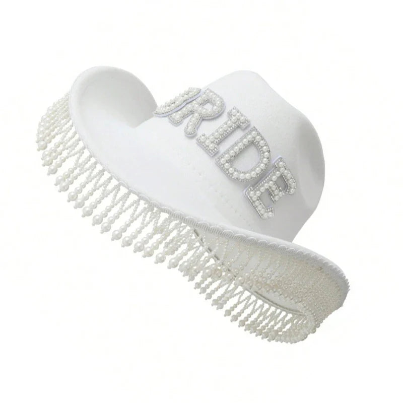 Cowgirl Hat for Bride Elegant Fringed Bead Hat Masquerade Party Letter Bride Hat Dropshipping
