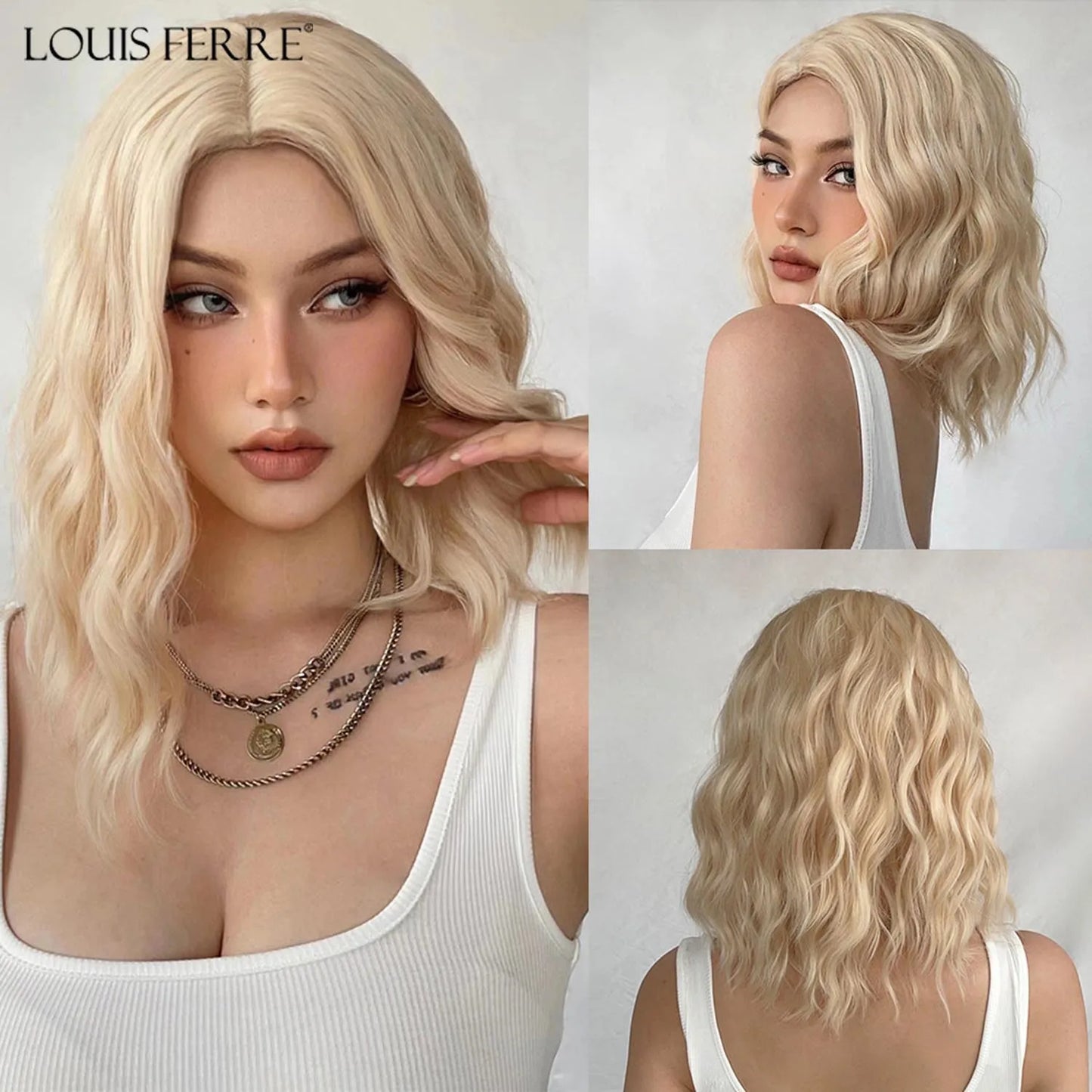 Brown Blonde Ombre Synthetic Wigs for Women Medium Length Wavy Layered Wigs With Side Bangs Daily Party Heat Resistant Fake Hair