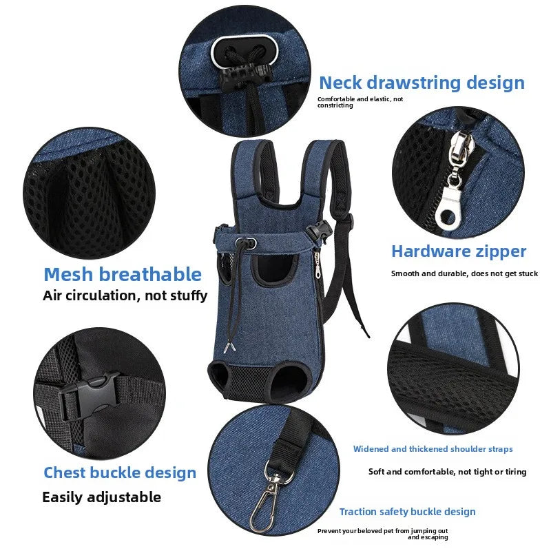 Sac à dos pour animaux de compagnie pour petits chiens et chats, sac de transport pour les voyages en plein air, bretelles réglables mains libres, matériau en denim, porte-animaux