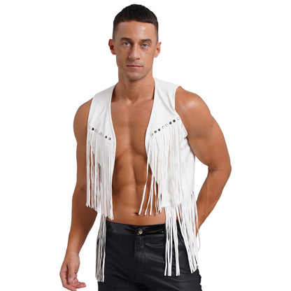 Men Halloween Western Cowboy Cosplay Costume Faux Suede Tassel Rivets Vest Waistcoat Motorcycling Rave Party Nightclub Outerwear