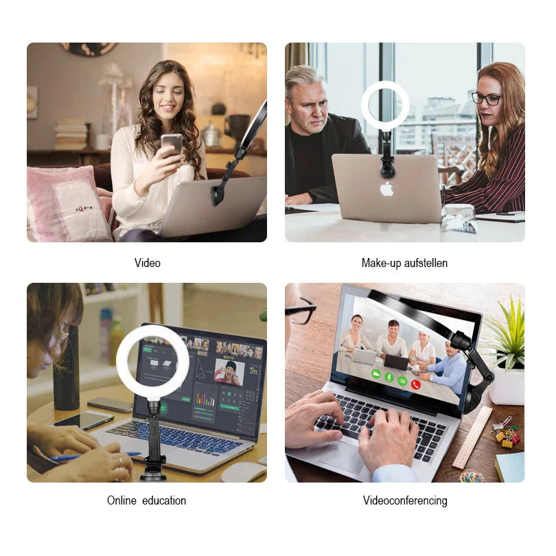 Anneau lumineux LED avec trépied et ventouse pour selfie, 16cm, prise USB portable, éclairage pour ordinateur portable, vidéoconférence, maquillage