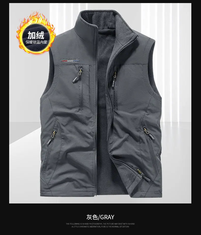 Men Autumn Fleece Outdoor Vest 4XL Utility Tactical Multi-pocket Techwear Outdoor Hiking Fishing Photography Safari Cargo Vest