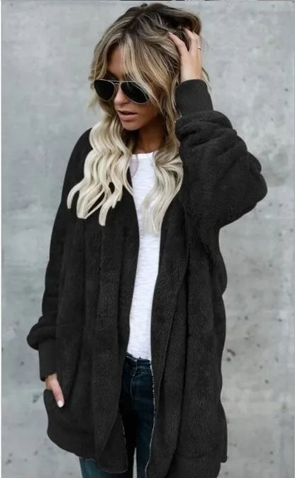 Winter Double Fleece Cardigan Jacket Autumn Women Solid Color Long Sleeve Plush Warm Hooded Lady Jacket Oversized Outerwear Coat