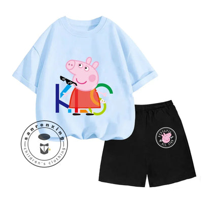 Peppa Pig-themed Animated Cartoon Print Design O-neck Sweet Short Sleeves and Simple Shorts for Boys and Girls Summer Suit
