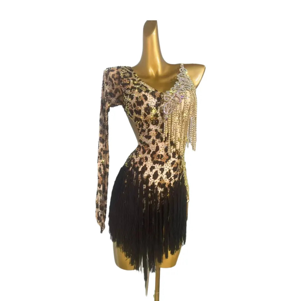 Robe de danse latine haut de gamme, personnalisée, coupe ajustée, imprimé léopard, jupe à franges noire, Samba Tango, costume de scène pour femmes adultes