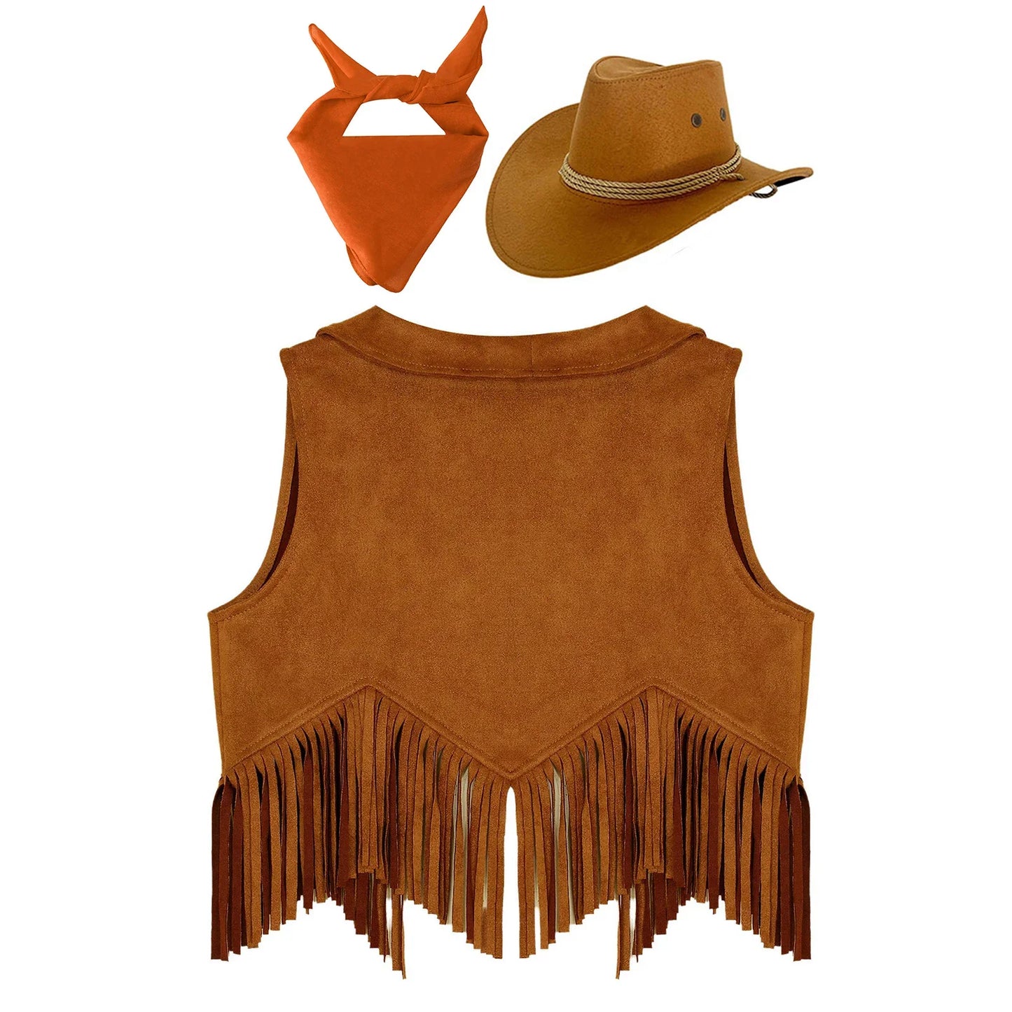 Costume de cosplay pour filles, cow-girl western, gilet en daim rétro à franges, ouvert sur le devant, avec bandana, foulard et chapeau pour Halloween et le carnaval
