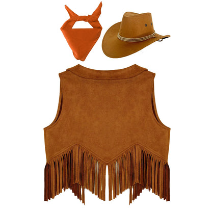 Girls Western Cowboy Cowgirl Cosplay Costume Open Front Retro Suede Tassels Vest with Bandana Scarf Hat for Halloween Carnival