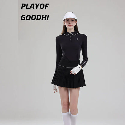 Vêtements de golf pour femme - T-shirt de golf à manches longues pour femme - Hauts de golf à col polo - Jupe plissée taille haute - Jupe-short de golf avec short intérieur