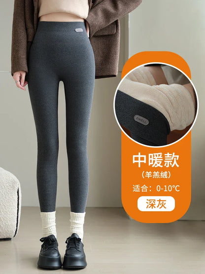 Leggings 420g 92% coton avec doublure polaire pour vêtements d'hiver, polaire d'agneau épaisse en coton pour femmes, pantalon chaud gris taille haute