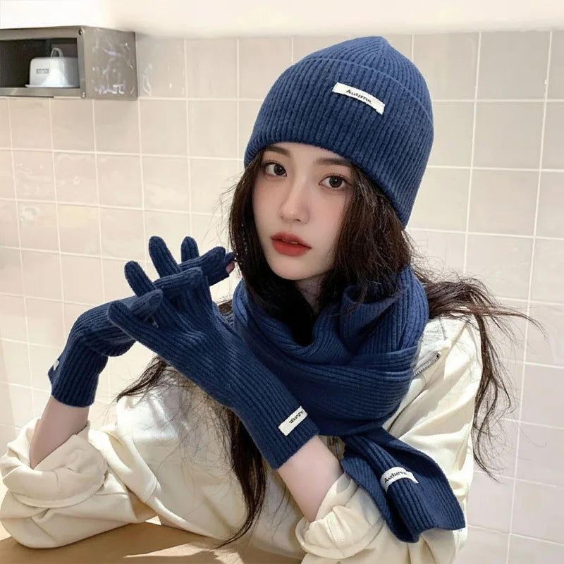 Ensemble chapeau, écharpe et gants en laine tricotée de couleur unie-ensemble de noël chaud du nouvel an rouge en faux cachemire automne/hiver