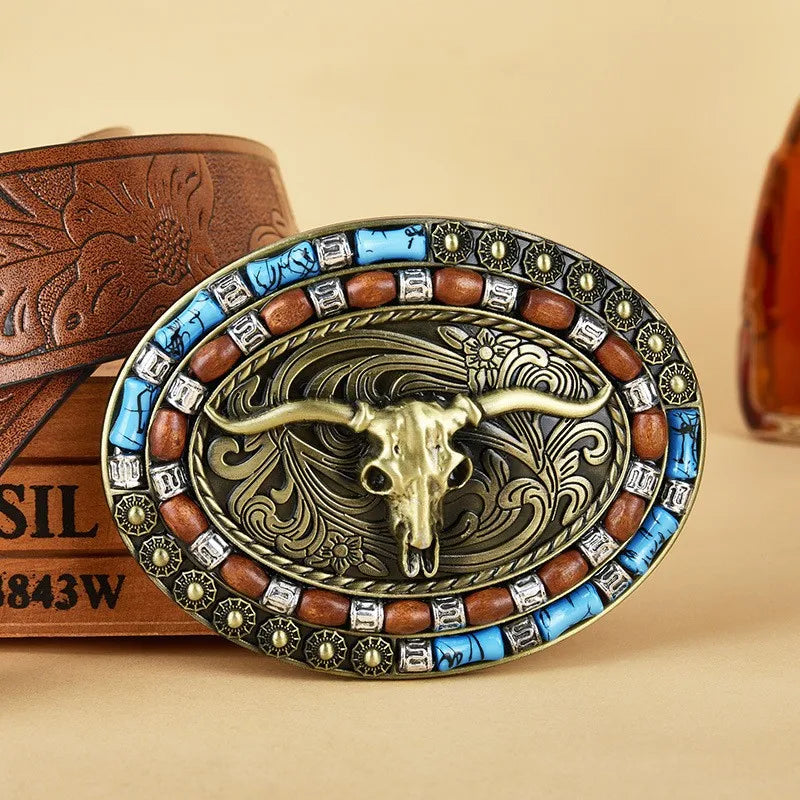 New Western Cowboy Smooth Buckle Personalized Creative Belt Buckle Head Relief Large Flower Bull Head Belt DIY Accessories