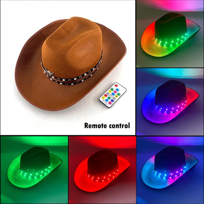 Chapeau de cowboy LED télécommandé pour femmes et hommes, chapeaux de cow-girl occidentaux, robe de l'ouest, vêtements de sauna scintillants pour Halloween, casquette unisexe, mode