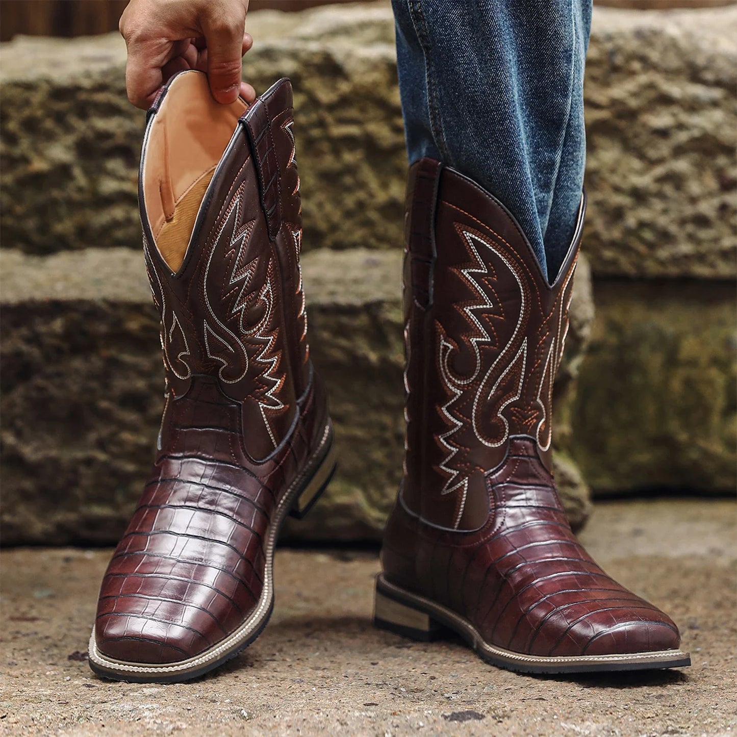 Cowboy Boots for Men - Men's Western Boots with Embroidery, Square Toe Chunky Heel, Durable and Fashionable Retro Classic Footwe