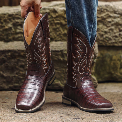 Bottes de cowboy pour hommes - Bottes western pour hommes avec broderie, bout carré, talon épais, chaussures rétro classiques durables et à la mode