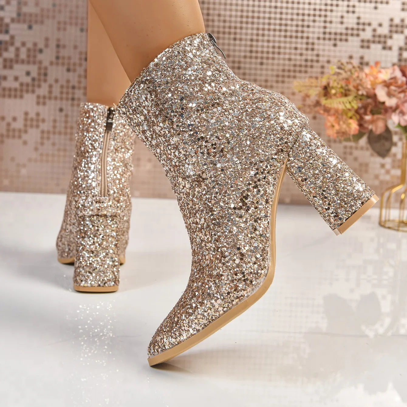 Bottes Femme 2025 Nouvelle Mode Paillettes Bout Rond Bottines Femme Automne Hiver Soirée Talons Épais Chaussures Femme Bottes De Mujer