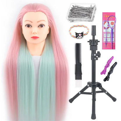 Tête de mannequin à cheveux longs synthétiques avec support de trépied de perruque réglable Modèle avec tête de mannequin Formation de coiffeur coiffant