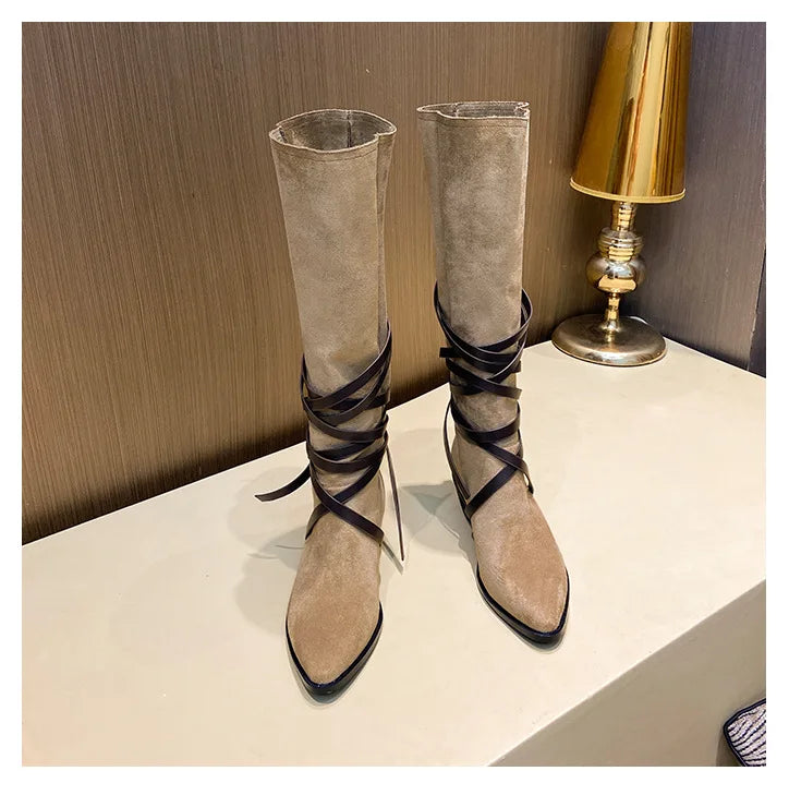 Matte Leather Gothic Western Cowboy Boots Women's Fashion Autumn New Style Pointed Toe Lace-up Retro High Top Flat Heel Boots