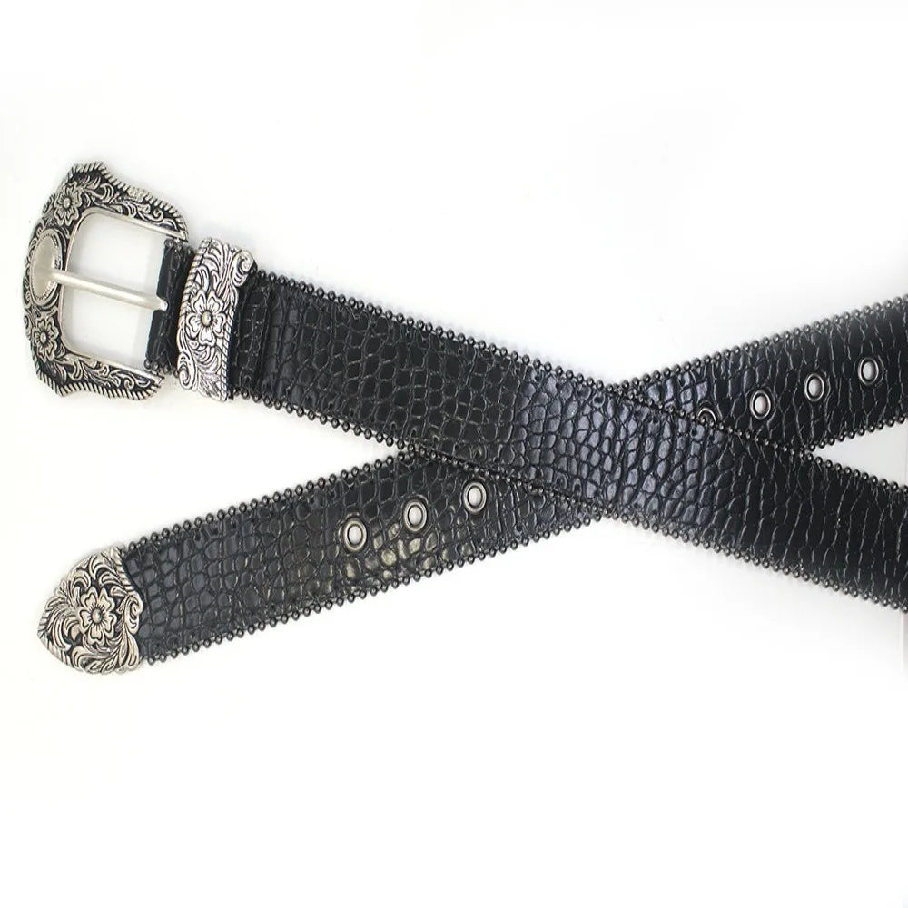 Ceinture Western en Cuir PU Femme Homme Cowboys Unisexe avec Boucle Métallique Gravée