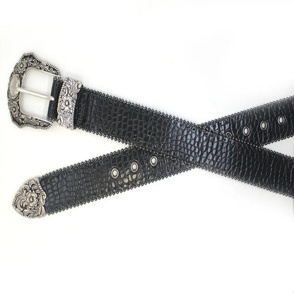 Western PU Leather Belt Western Cowboy Women Cowgirl Unisex Waist Belt with Metal Engraved Buckle