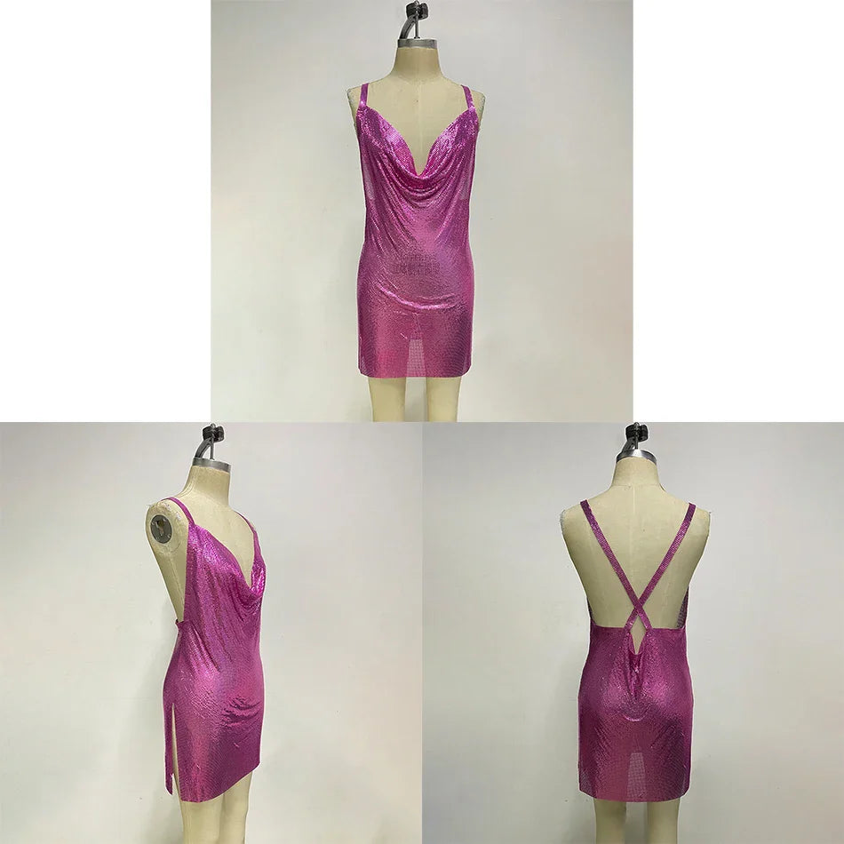 YOUR BUMP CURVE Shiny Cool Metal Sequin V Neck Sleeveless Backless Cross Side Irregular Mini Sexy Ladies Yacht Club Metal Dress