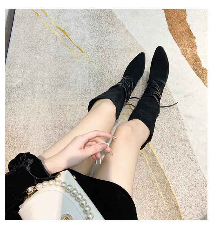 Matte Leather Gothic Western Cowboy Boots Women's Fashion Autumn New Style Pointed Toe Lace-up Retro High Top Flat Heel Boots