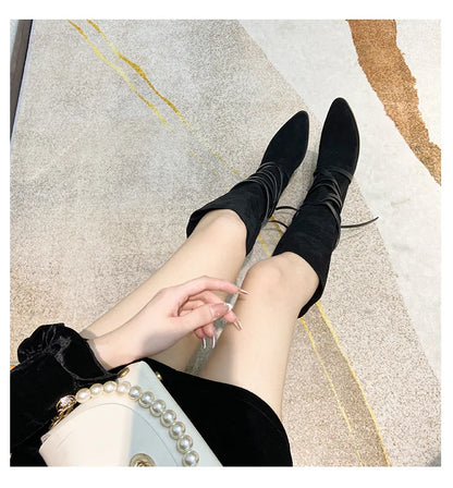Matte Leather Gothic Western Cowboy Boots Women's Fashion Autumn New Style Pointed Toe Lace-up Retro High Top Flat Heel Boots