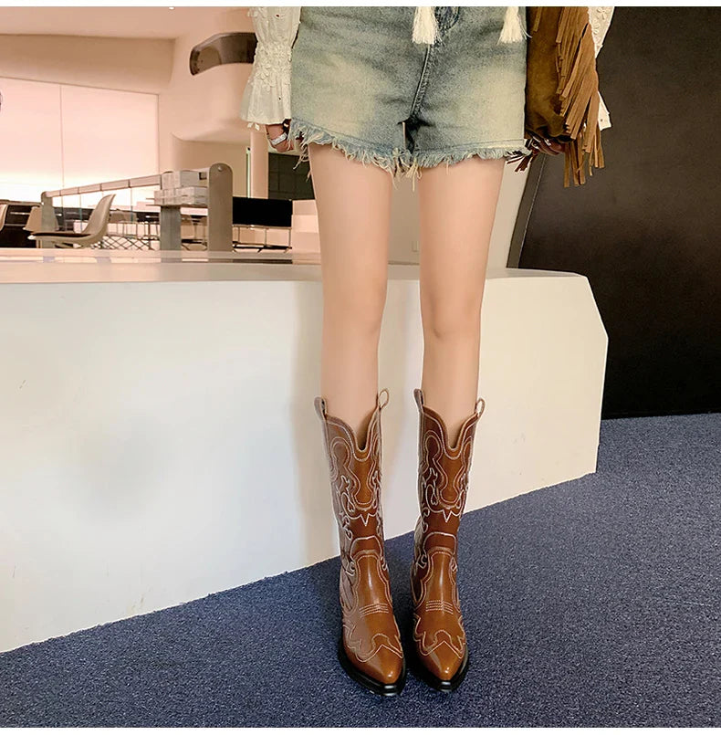 Ods Cowboy Western Boots For Women Real Leather Embroidered Pointed Toe Mid-calf Western Boot Retro Fashion Casual High Quality