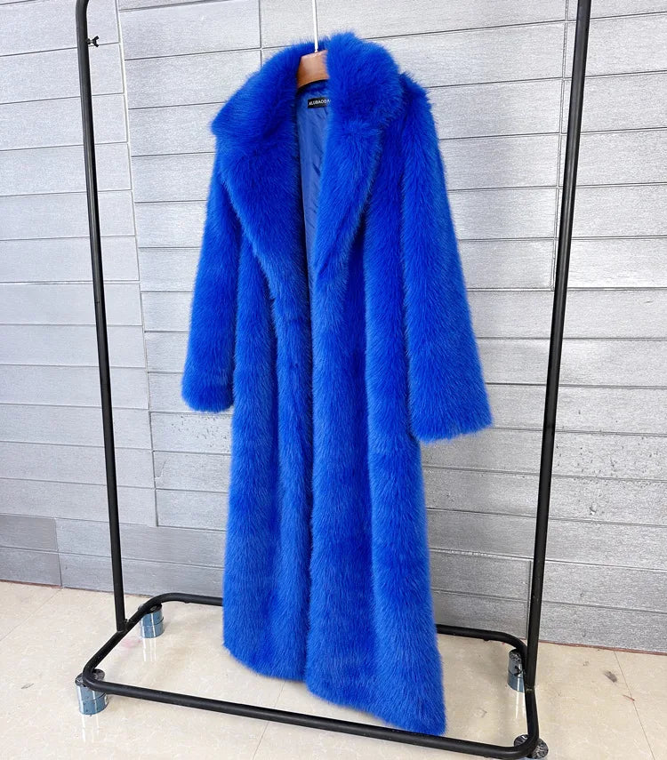 Manteau long en fausse fourrure pour femmes, automne hiver, grande taille, col rabattu blanc, poches, épais et chaud, manteau long maxi