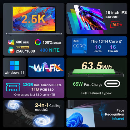 Ninkear N16 Pro Laptop, 16'' 2560*1600 IPS Screen 165Hz Refresh Rate, Intel Core i7-13620H 10 Cores Max 4.9GHz, 32GB RAM 1TB SSD