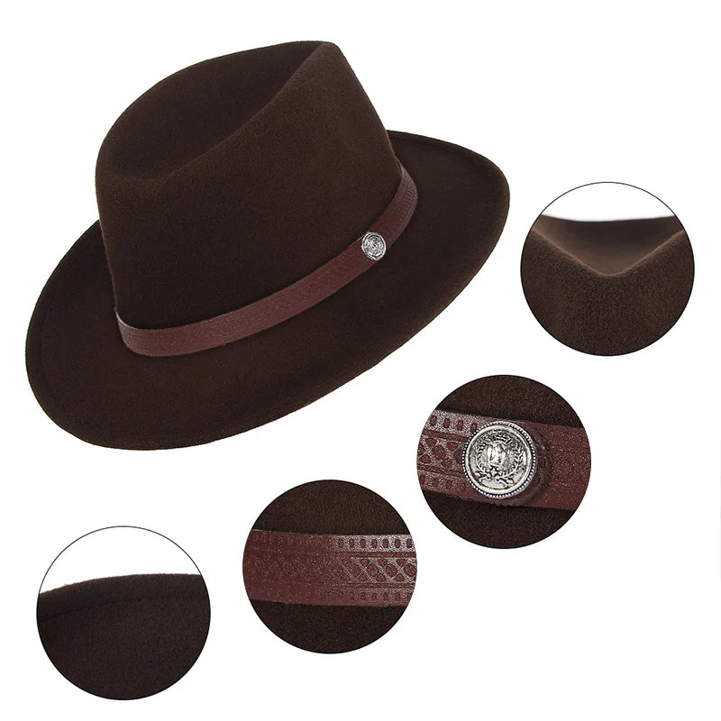 Western Cowboy Hat for Men and Women, Wide Brim Fedora Jazz Hats, Cowgirl Hat with Belt, Autumn and Winter