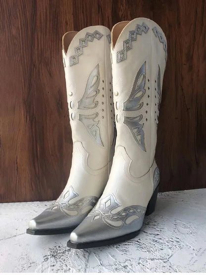 Bottes de cowgirl occidentales brodées vintage pour femmes, chaussures à enfiler, talon carré pour dames, bottes cavalières, mode automne et hiver