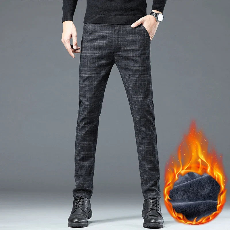 Autumn Winter New Fleece Thickened Casual Pants Men Business Straight Slim Plaid Pants Black Gray Men's Warm Trousers