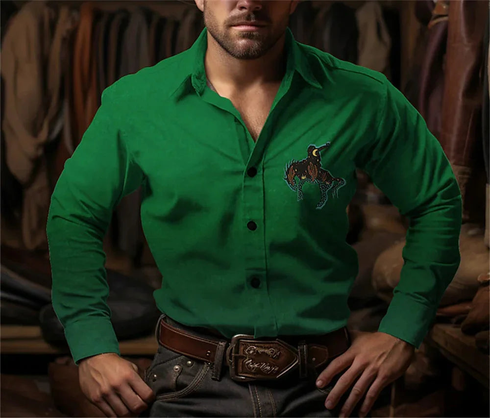 Western Cowboy Flower Printed Long Sleeve Shirt for Spring and Summer Comfortable Soft Fabric Party Men's Collar Shirt