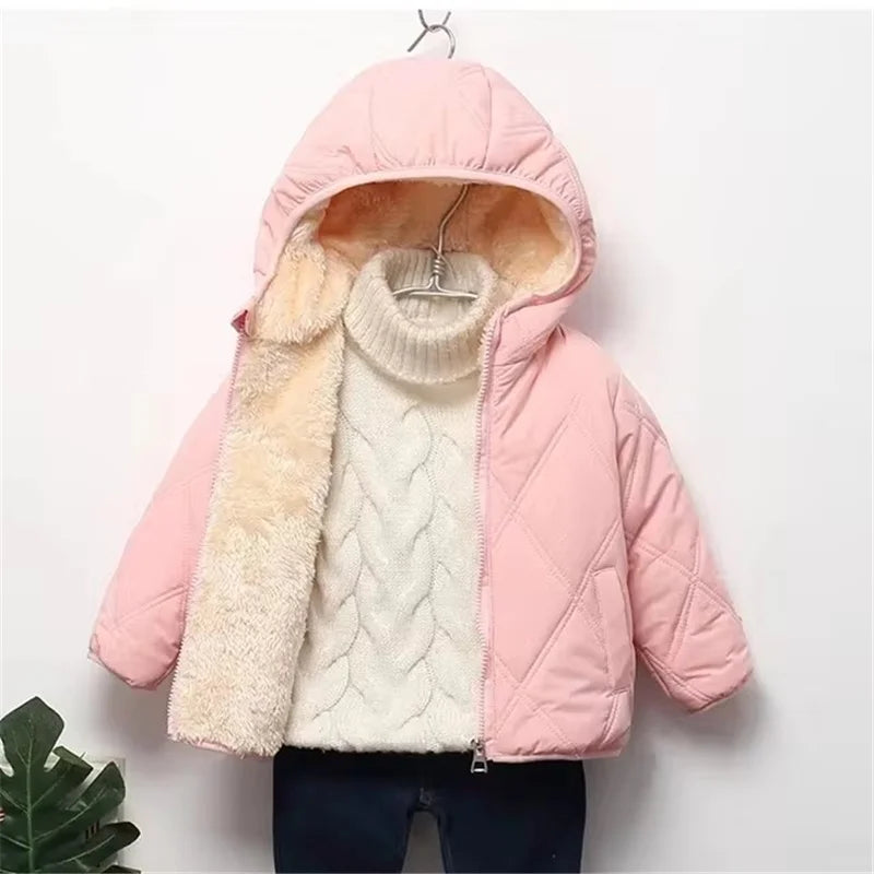 -30℃ Winter Lamb Wool Jackets Baby Girls Plus Velvet Thick Coats Children Hooded Cold Weather Outwear Boys Cotton Clothes 1-6Y
